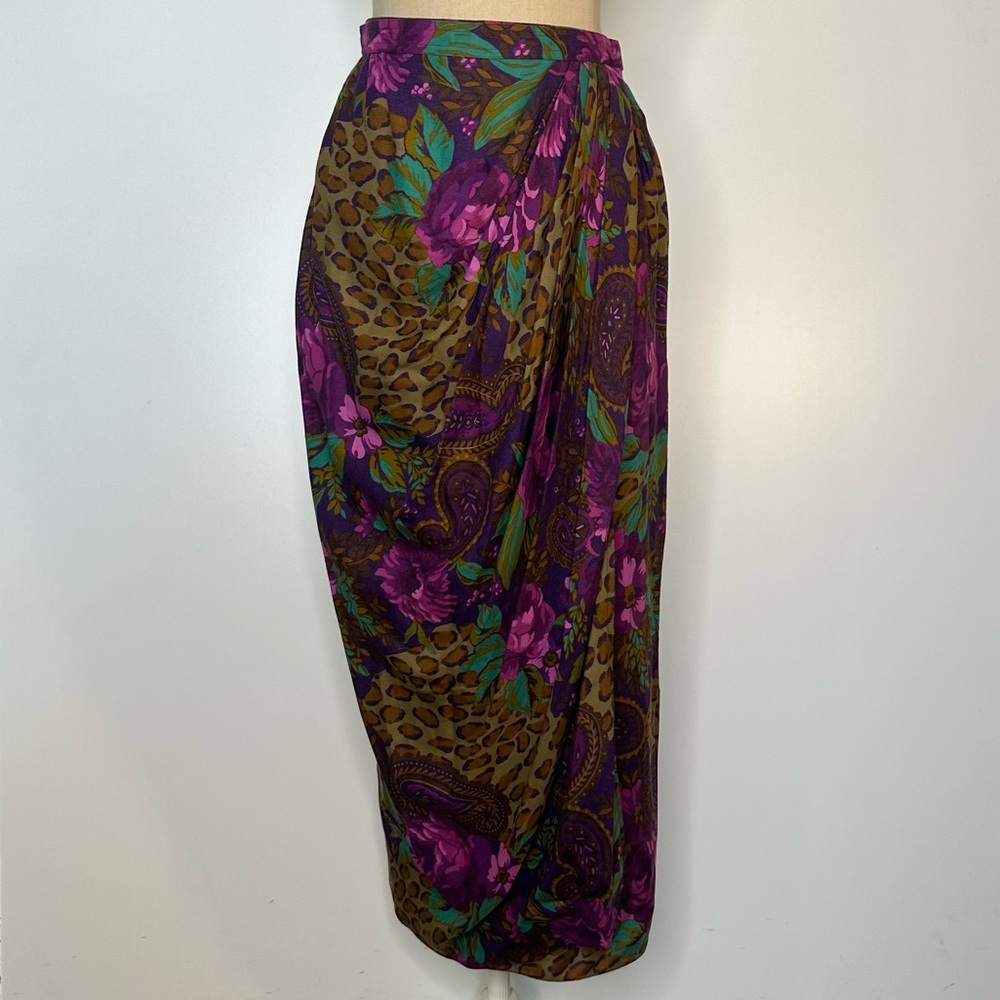 Vintage 80s Oscar de la Renta wrap Ruched High waist Floral Pencil Maxi skirt 8